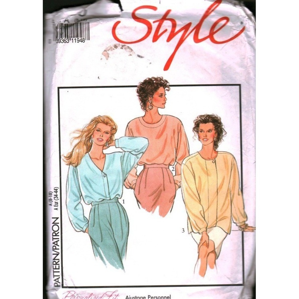 Style 1980 Vintage Sewing Pattern Misses Tops Blouse V-Neck Back Button Sz 8-18